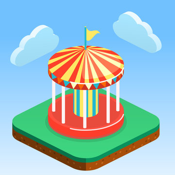 Isometric flat 3D vector city banners with carousels. amusement park.