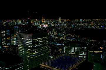 Fototapeta na wymiar Nightlife Panoramic View Of Japanese Town