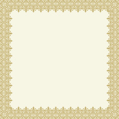 Classic vector square frame with arabesques and orient giolden elements. Abstract ornament with place for text. Vintage pattern