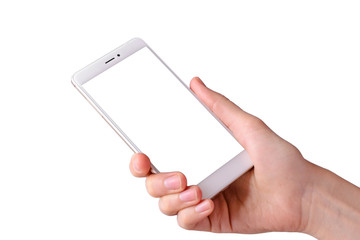 woman's hand holding white smartphone with blank screen on isolated white background