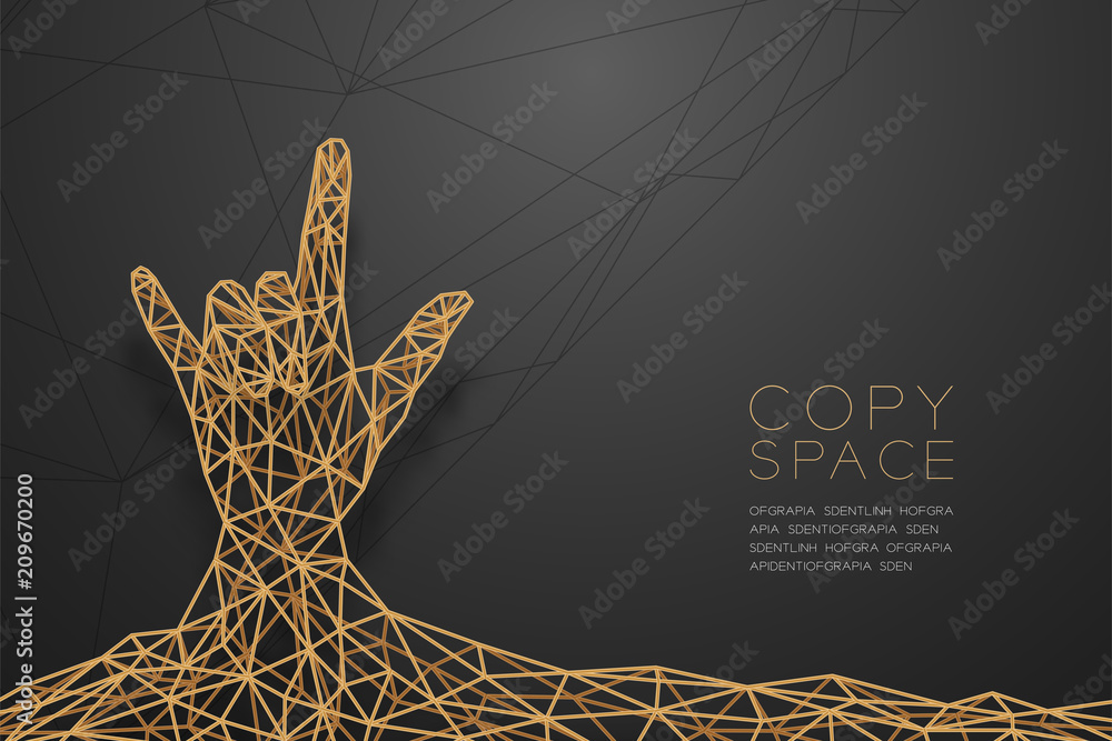 Poster i love you hand sign language shape front view wireframe polygon golden frame structure, valentine c