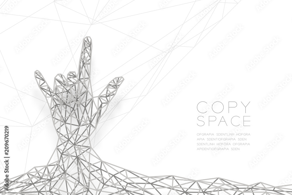 Poster i love you hand sign language shape front view wireframe polygon silver frame structure, valentine c