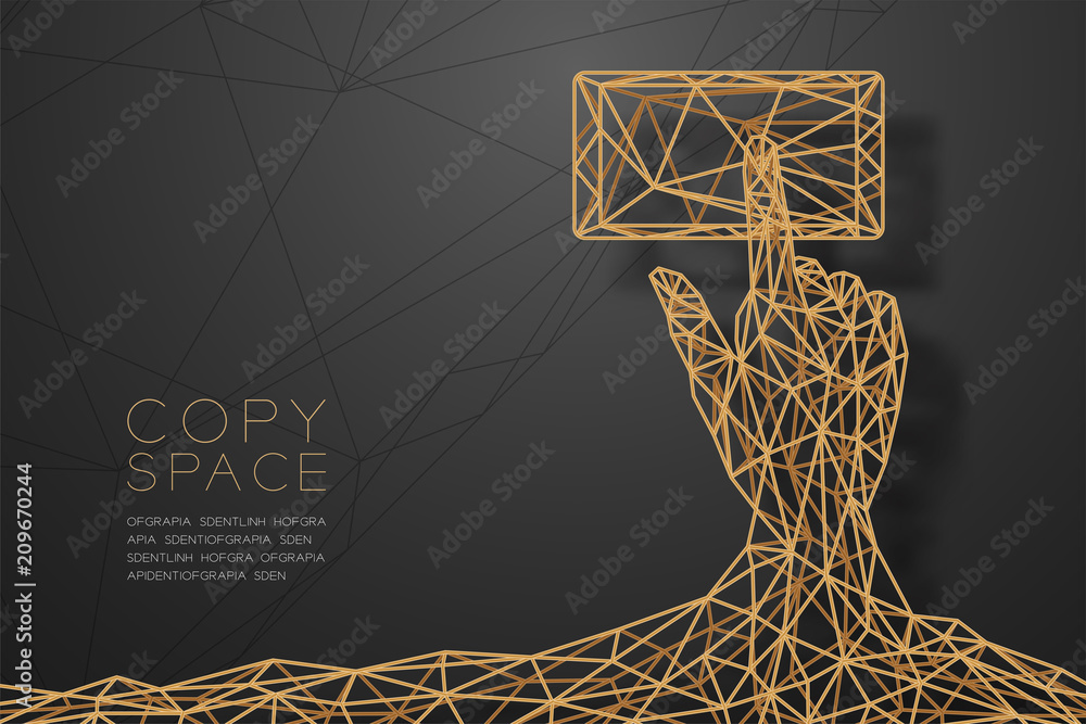 Poster hand touch screen smartphone shape wireframe polygon golden frame structure, connect technology conc