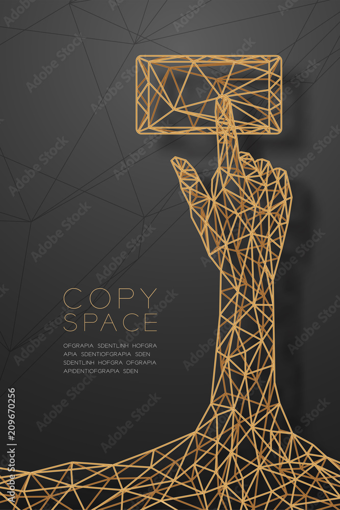 Poster hand touch screen smartphone shape wireframe polygon golden frame structure, connect technology conc