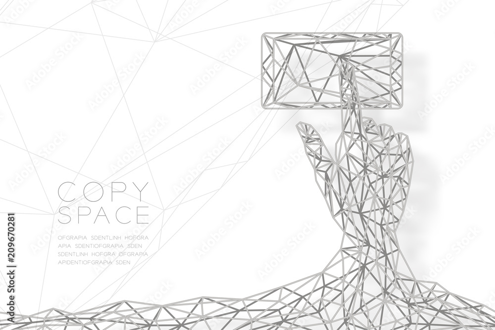 Poster hand touch screen smartphone shape wireframe polygon silver frame structure, connect technology conc