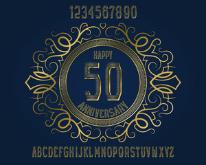 Happy anniversary emblem kit. Golden numbers, alphabet, and patterned frame for creating a memorable sign.