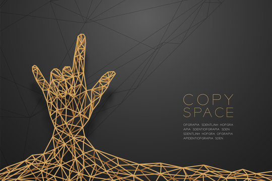 I love you Hand sign language shape front view wireframe Polygon golden frame structure, valentine concept design illustration isolated on black gradient background with copy space, vector eps 10