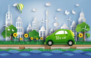 Paper art style of landscape with eco car and green city, save the planet and energy concept, flat-style vector illustration.