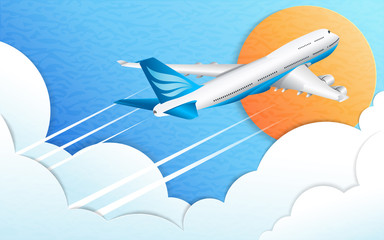 The flight of a white passenger liner. Ultraviolet sky, sun and white cumulus clouds. The effect of cut paper. 3D illustration. Travel, tourism and business. 