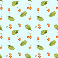 Watercolor rowan berries and leaves seamless pattern, hand painted on a blue background