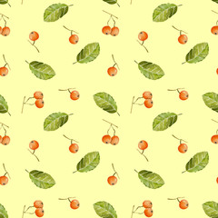 Watercolor rowan berries and leaves seamless pattern, hand painted on a yellow background