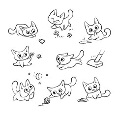 Small cats different emotions and situations. Kitty play with ball walking in nature hunting for mouse and run away from broom. Vector humor black white outline set embossed cartoon illustrations.