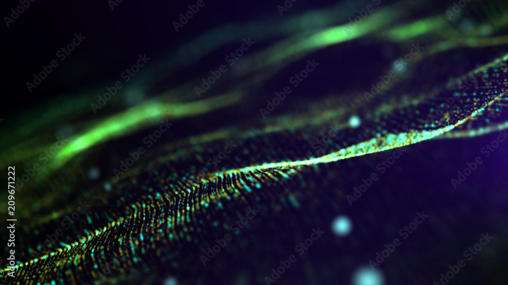 Poster futuristic green digital abstract luxurious sparkling wave particles flow de-focus background