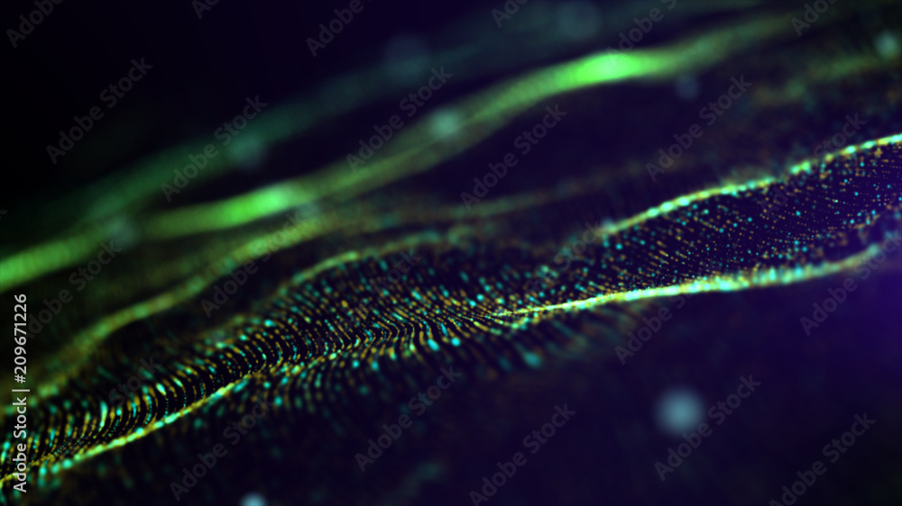 Poster Futuristic Green digital abstract luxurious sparkling wave particles flow de-focus background