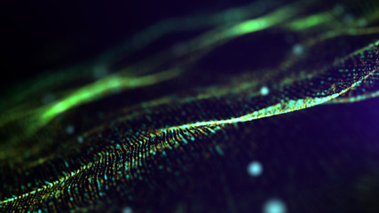 Futuristic Green digital abstract luxurious sparkling wave particles flow de-focus background