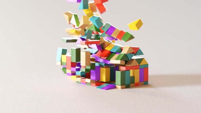 Colorful wooden blocks gradually laid down into a perfect house form. 4K HD