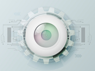 Vector 3D modern technology, mechanical systems with gear and eyes, circuit boards.