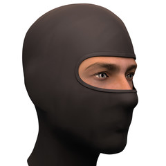 Balaclava mask. Symbol of criminal and hacker. Also Equipment for special forces or winter sport. Warm fabric material. Perspective view. 3D render illustration Isolated on white background.