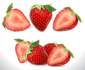 Strawberry Realistic Sweet Berry 3D fruit vector icons set. Realistic stock illustration