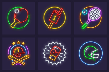 Set of neon icons for sporting games. Rackets and balls playing