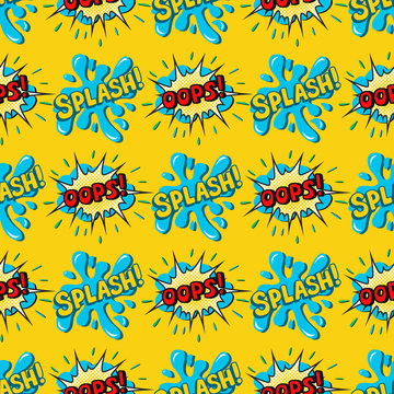 Pop art comic speech bubble boom effects vector explosion bang communication cloud fun humor book splash seamless pattern background illustration.