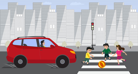 Kids crossing road with red car on red traffic light. Children play with ball on road Vector flat illustration. Danger situation on road. Accident with child