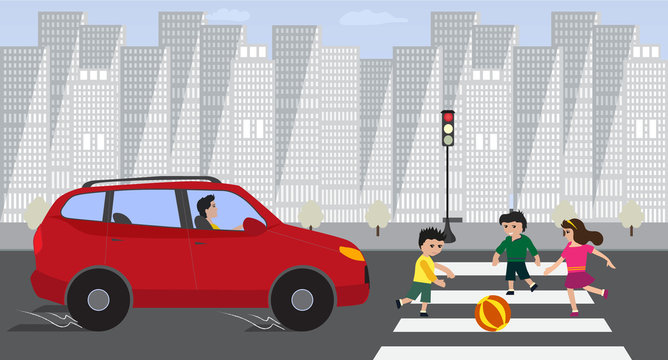 Kids crossing road with red car on red traffic light. Children play with ball on road Vector flat illustration. Danger situation on road. Accident with child