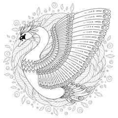 Hand drawn decorated swan.  Image for adult coloring books, pages