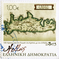 Old map of Crete on greek postage stamp