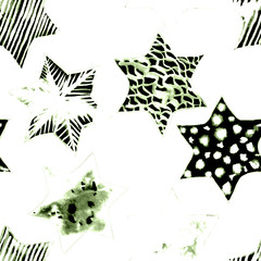 Seamless Watercolor Stars Pattern. Magic Festive Background. Hand Drawn Doodle Stars. Baby Design. Abstract Rapport for Wallpaper, Textile, Linen, Wrapping, Posters, Cards, Banner. New Year, Birthday 