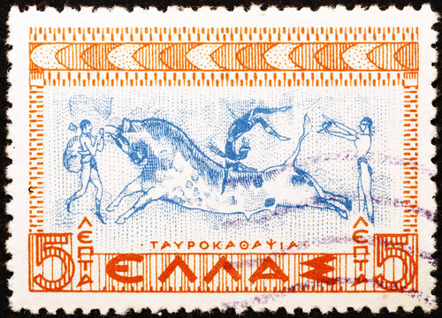 Contest with bull, ancient greek painting on stamp