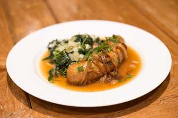 Grilled sausage with Cheesy Creamed Spinach