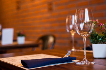 Empty Wine Glasses on table in restaurant