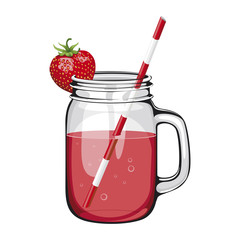 strawberry juice, smoothie, in a mason jar with a straw. Vector healthy drink with strawberry fruit on white background. berry drink