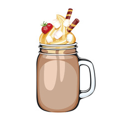 delicious chocolate drink in a Mason jar, decorated with whipped cream or  ice cream. Added strawberry, marshmallow and waffle tubes. illustration on white background.