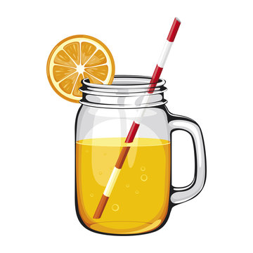 range juice,smoothie, in a mason jar with a straw, DECORATED WITH AN ORANGE SLICE. Vector healthy drink with orange fruit on white background.