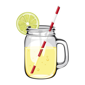 Lime juice, smoothie, in a mason jar with a straw, DECORATED with a SLICE of lime. Vector healthy drink with orange fruit on white background.  lemonade
