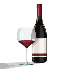 A bottle of red wine and a glass of wine on a white background. Vector 