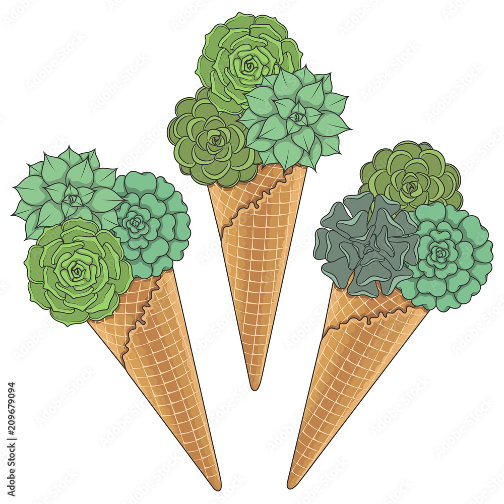 Poster set of color illustrations of ice cream from succulents. isolated vector objects on white background