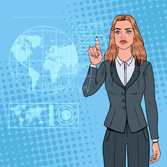 Pop Art Business Woman Using Virtual Holographic Interface. Futuristic Technology Touchscreen. Vector illustration