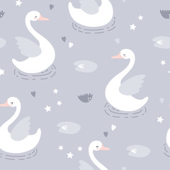 Obraz premium vector seamless background pattern with beautiful scandinavian swans for baby shower, fabric, textile