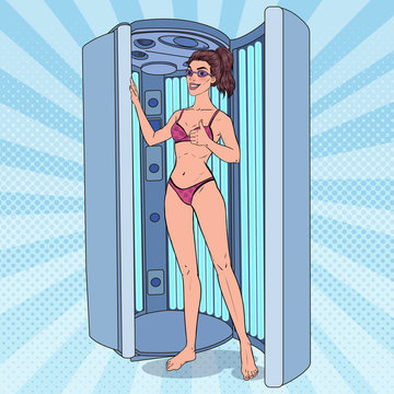 Pop Art Beautiful Woman in Solarium. Pretty Sexy Girl Preparing for Tanning. Skin Care Procedure. Vector illustration