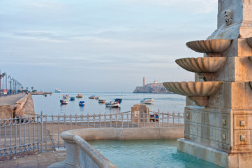Detail of a fountain with view of havana bay in background