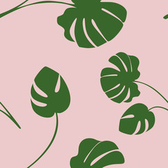 Seamless texture. Bright tropical background with jungle plants. exotic pattern with leaves. monstera tropical plant on pink background. 