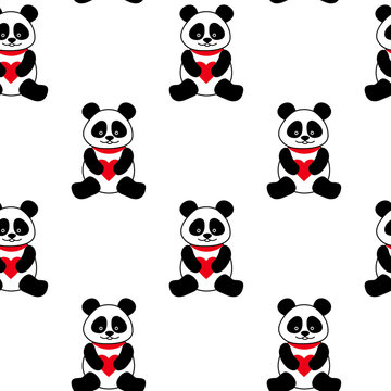 Seamless vector background with cute pandas and hearts. seamless panda bears.