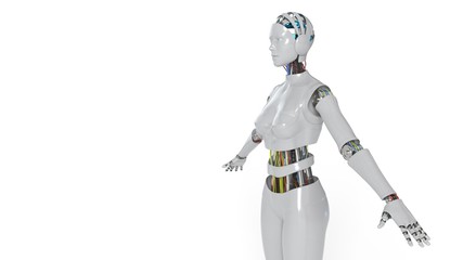Robot woman working white background, 3d rendering