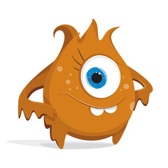 Cartoon orange monster. Bacteria with large eye, teeth, hands, feet. Microorganism on a white background. Charismatic virus.