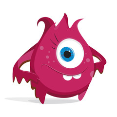 Cartoon pink monster. Bacteria with large eyes, teeth, hands, feet. Microorganism on a white background. Charismatic virus.