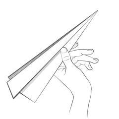 vector paper airplane on a white background. linear design. airplane hovers in the clouds. hatching. graphic image. pencil drawing. Origami 
