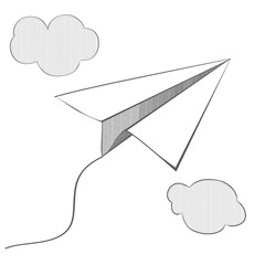 vector paper airplane on a white background. linear design. airplane hovers in the clouds. hatching. graphic image. pencil drawing. Origami 